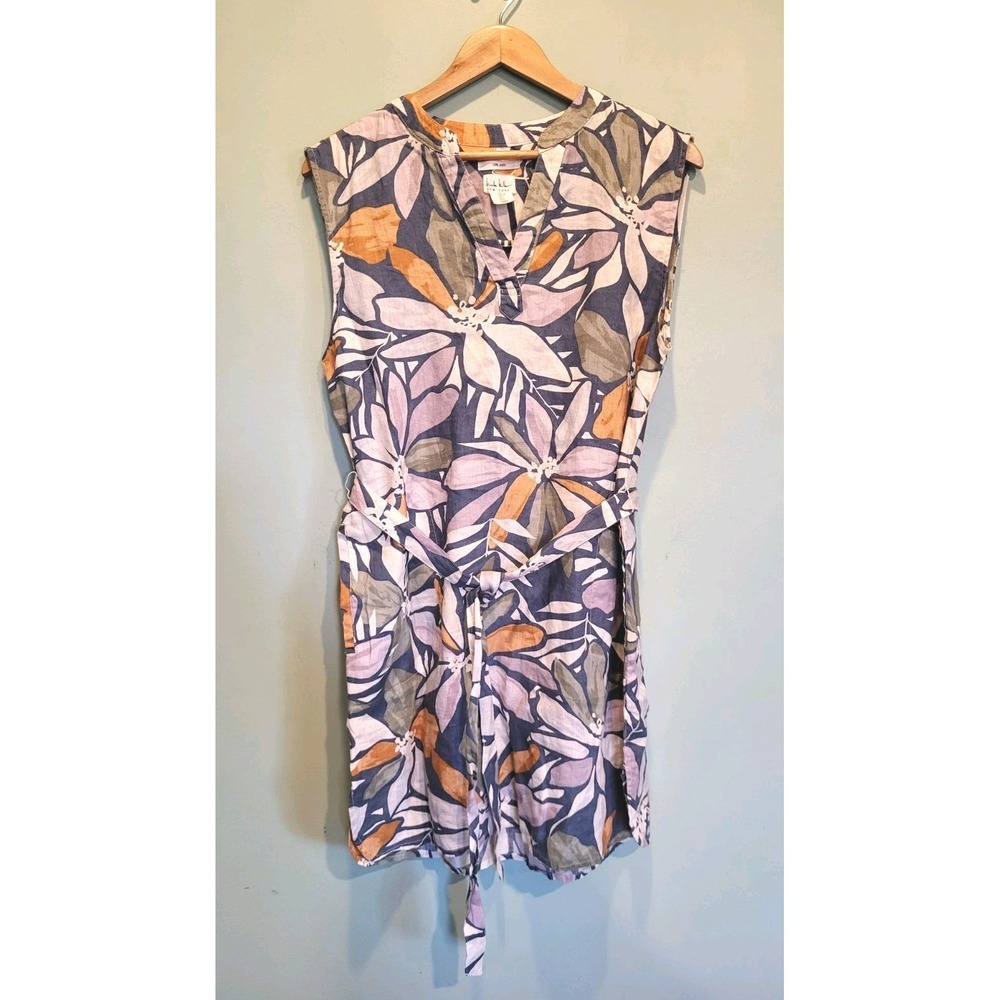Nicole Miller Linen Sleeveless Belted Floral Dress Pockets Sz L